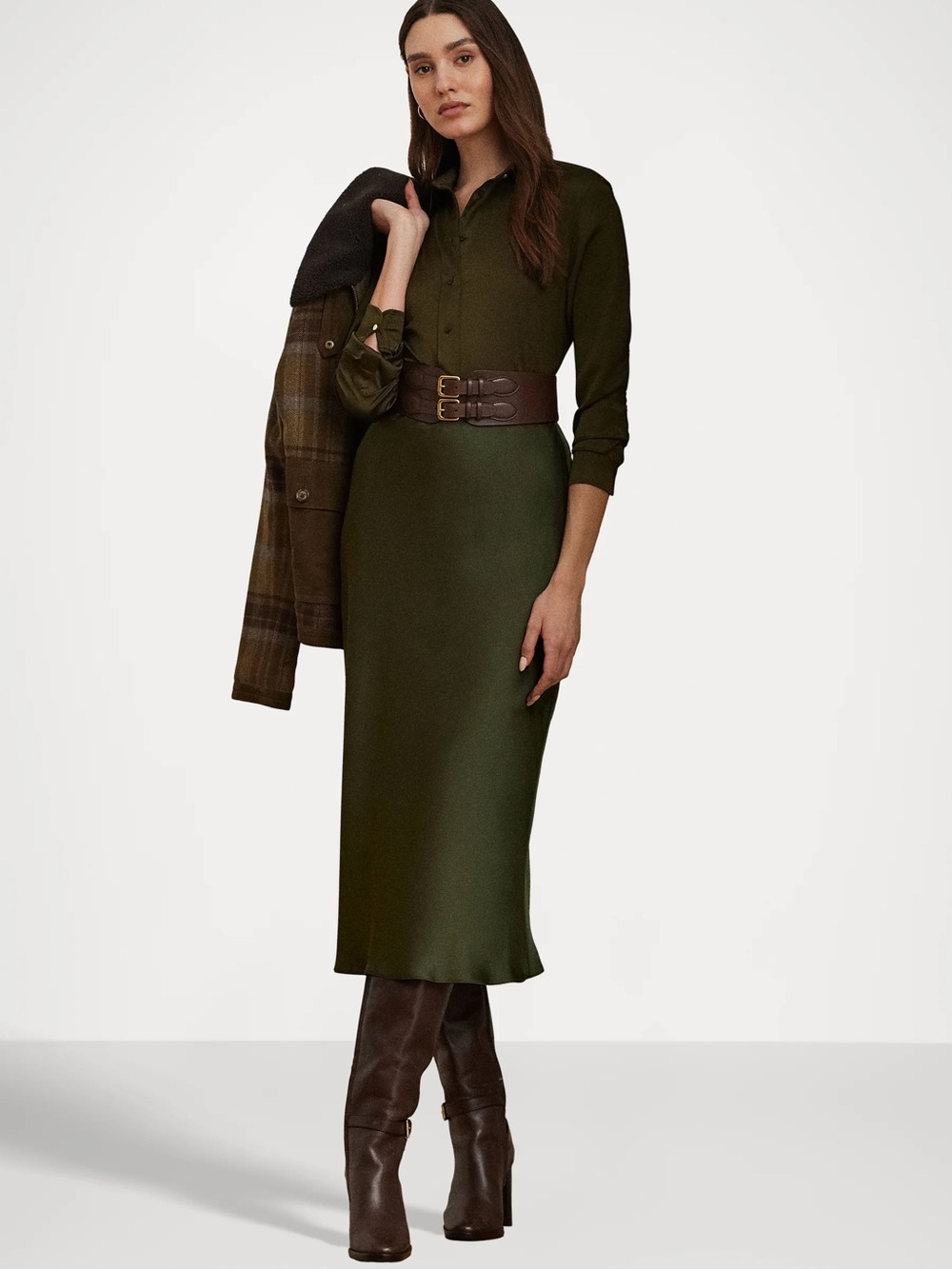 Lauren Ralph Lauren Satin Charmeuse Midi Skirt A Line Skirt Botanic Green